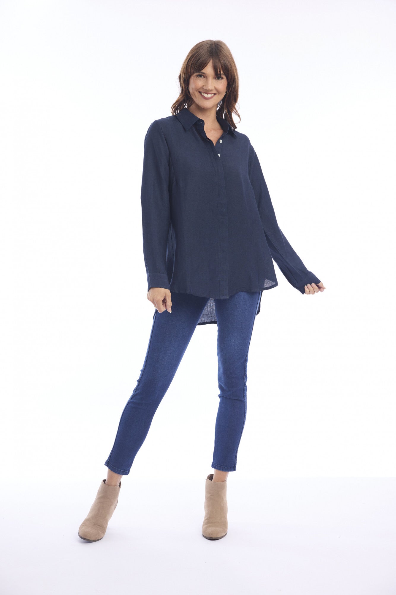 Navy Linen Shirt High Low