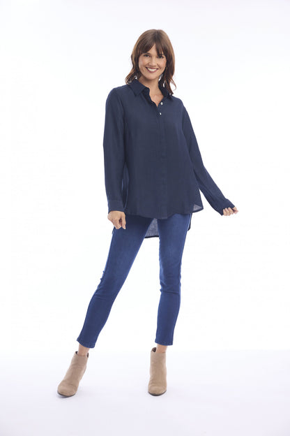 Navy Linen Shirt High Low