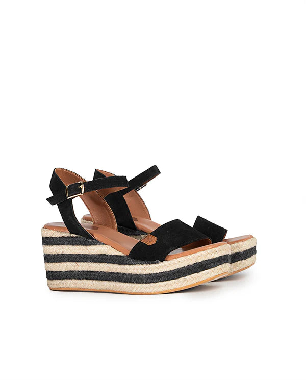 Camerun Espadrille Wedges in Black and White/Jute