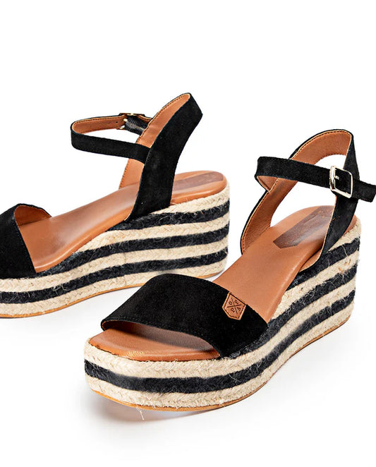 Camerun Espadrille Wedges in Black and White/Jute