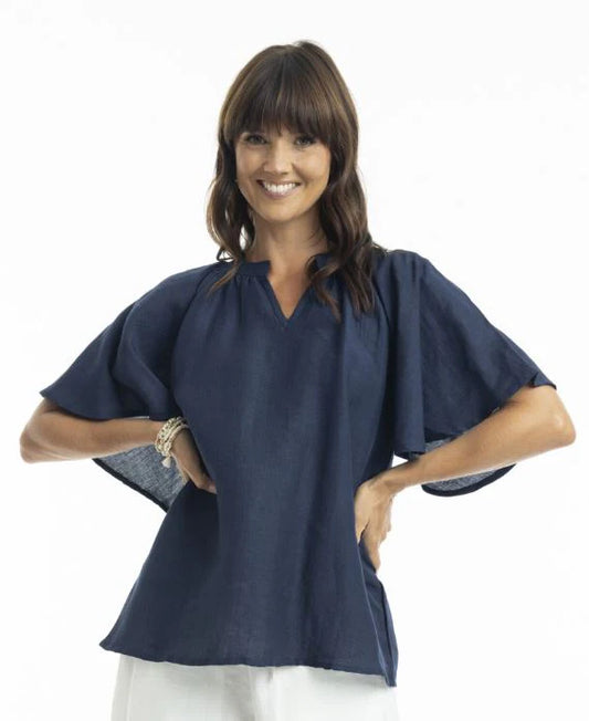 Linen Solid Top Chinese Collar Wide Sleeve