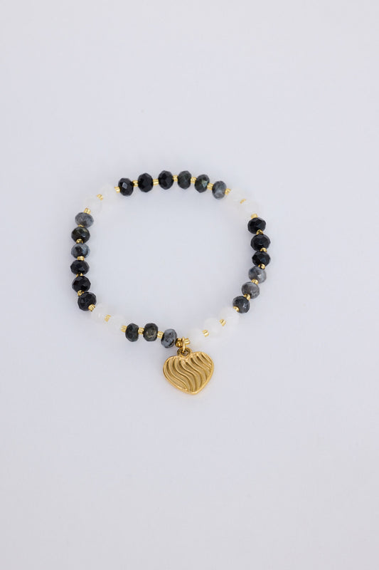 Huda Stretch Bracelet in black + white with gold heart