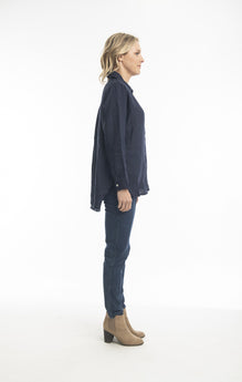 Pure Linen Shirt High Low in Navy