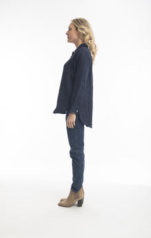 Pure Linen Shirt High Low in Navy