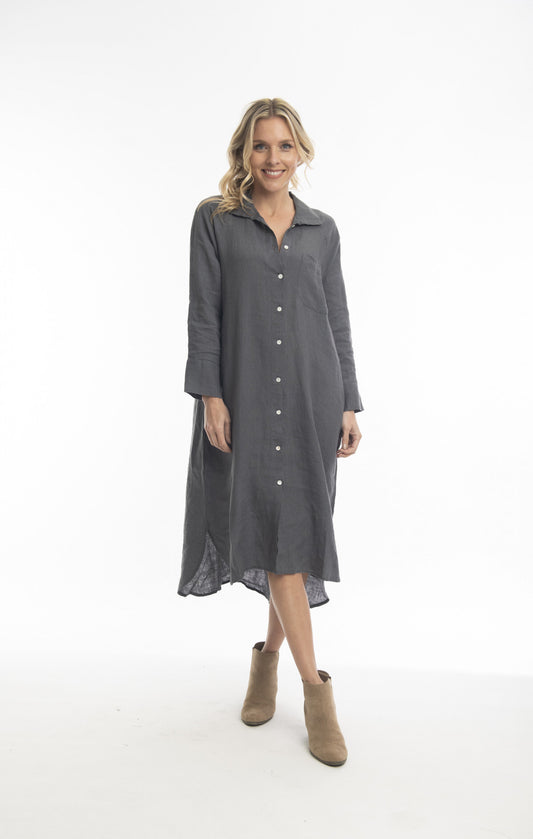 Pure Linen Dress Shirt Maxi in Charcoal