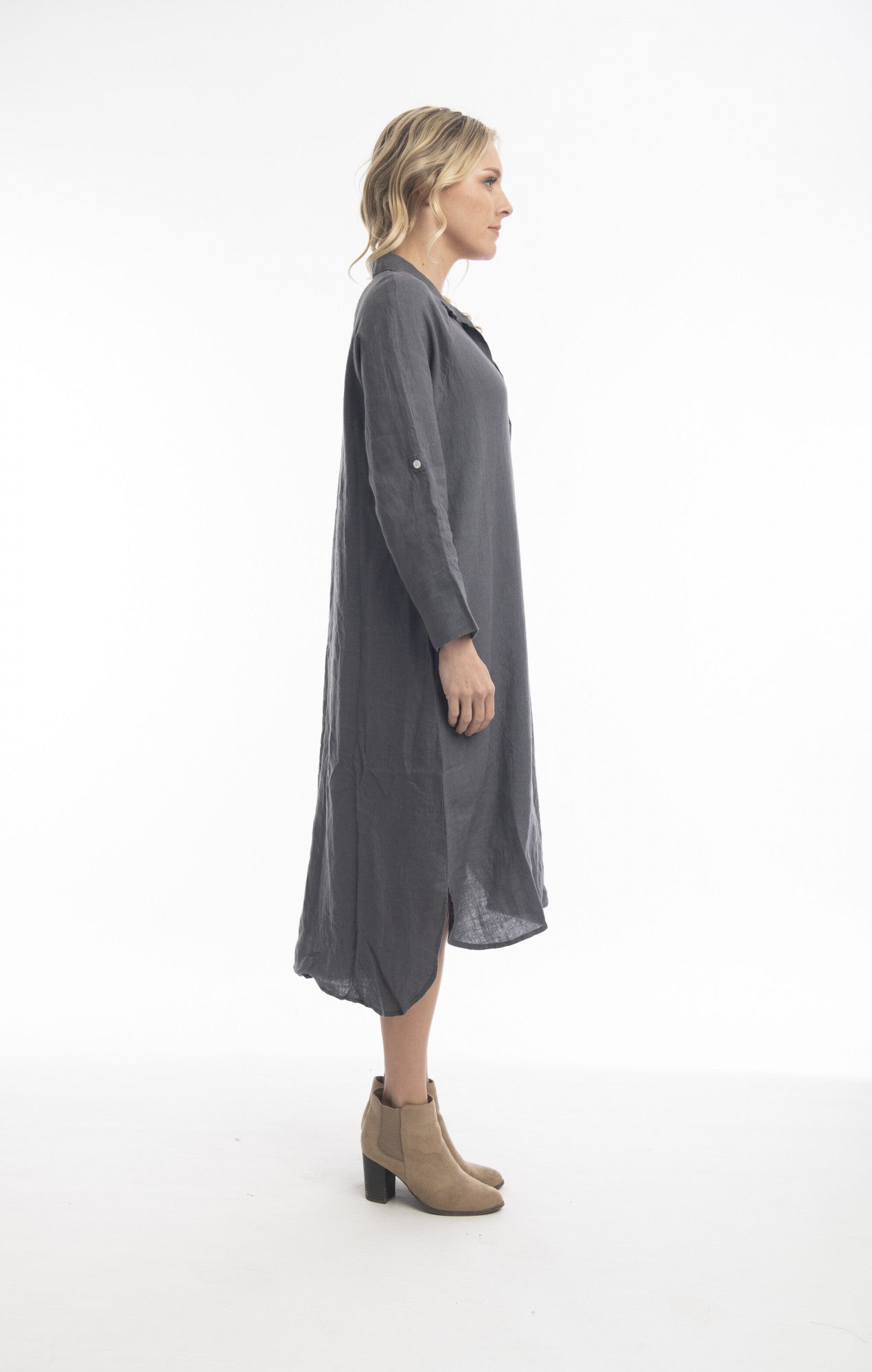 Pure Linen Dress Shirt Maxi in Charcoal