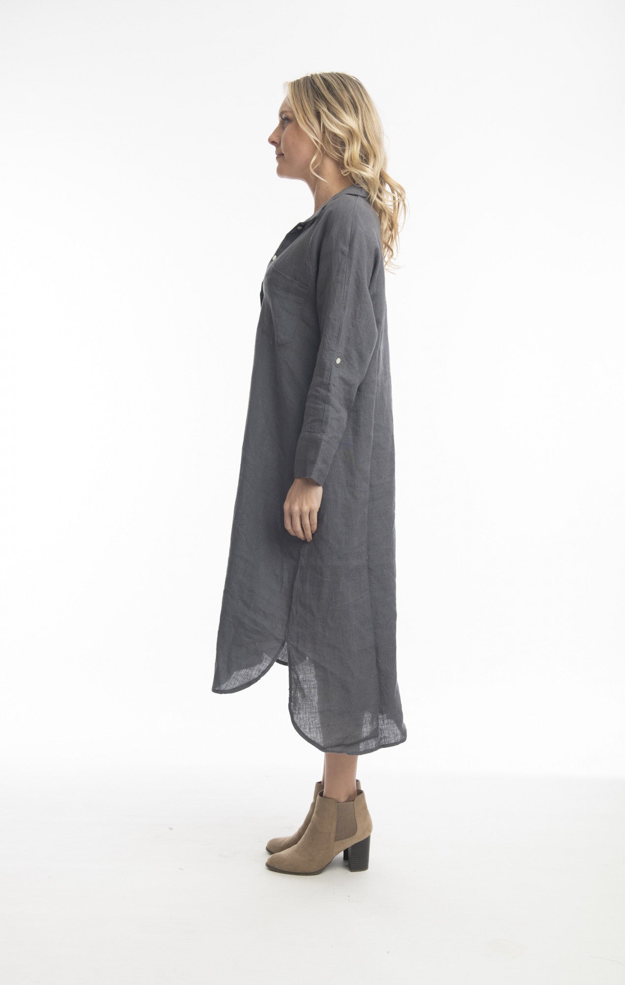 Pure Linen Dress Shirt Maxi in Charcoal