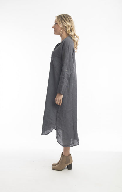 Pure Linen Dress Shirt Maxi in Charcoal