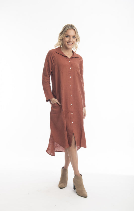 Pure Linen Dress Shirt Maxi in Terracotta