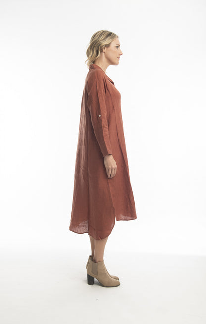 Pure Linen Dress Shirt Maxi in Terracotta