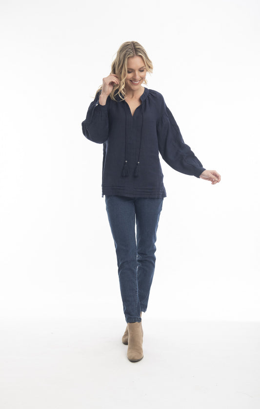 Pure Linen Top Boho in Navy