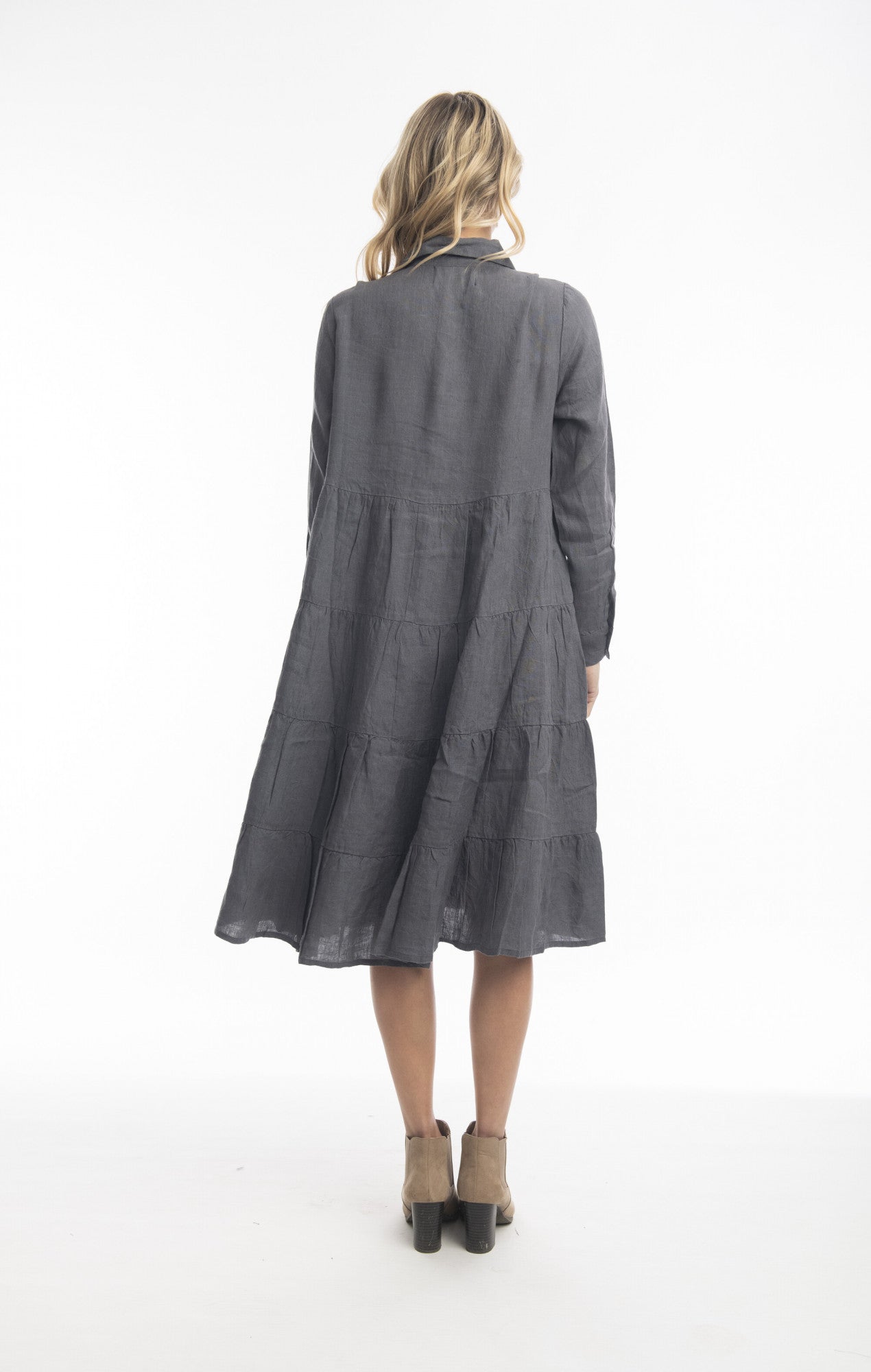 Pure Linen Collared Layer Dress in Charcoal