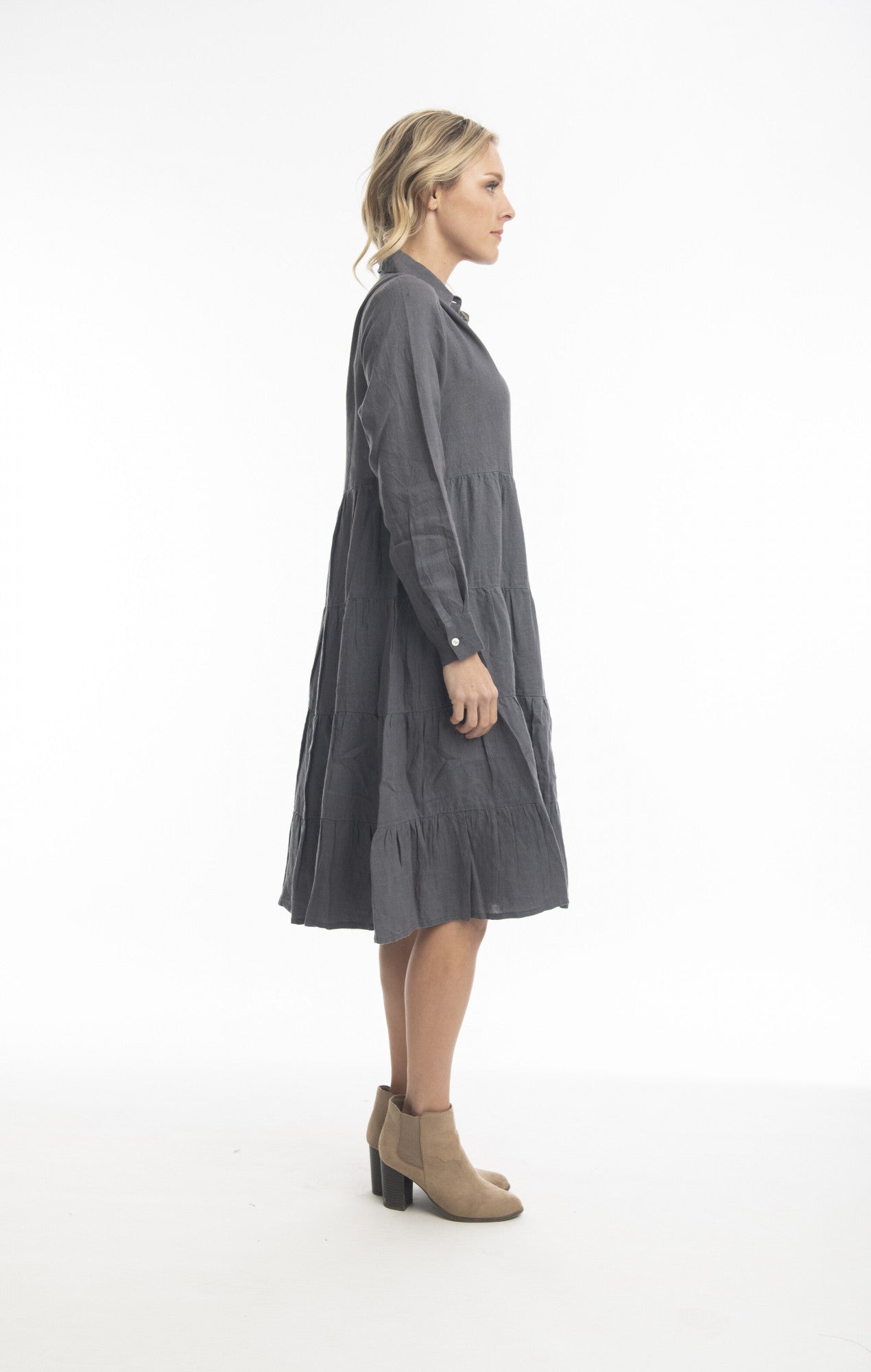 Pure Linen Collared Layer Dress in Charcoal