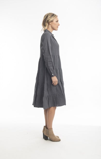 Pure Linen Collared Layer Dress in Charcoal