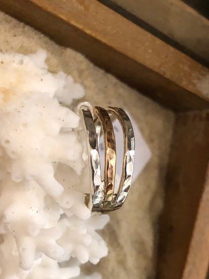 RNC1 Sterling Silver & Gold Filled 3 Band Hammered Open Back Ring