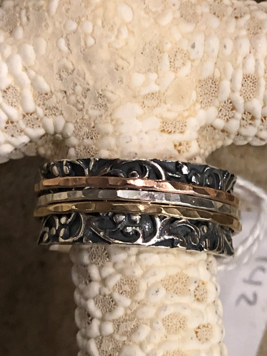 JR142GF Sterling Silver Primavera Band w/ 3 Oxidised Spinner Rings