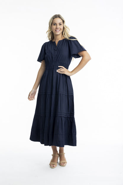 Essentials Poplin Dress Maxi with Ruched Waist in Navy