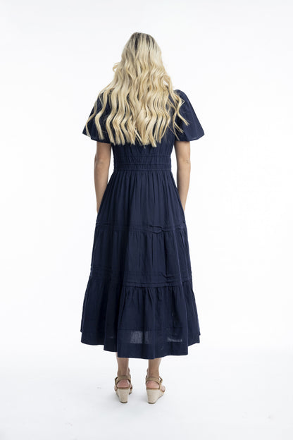 Essentials Poplin Dress Maxi with Ruched Waist in Navy