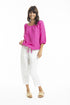 Linen 3/4 Sleeve Top with Gather Neckline in Pink