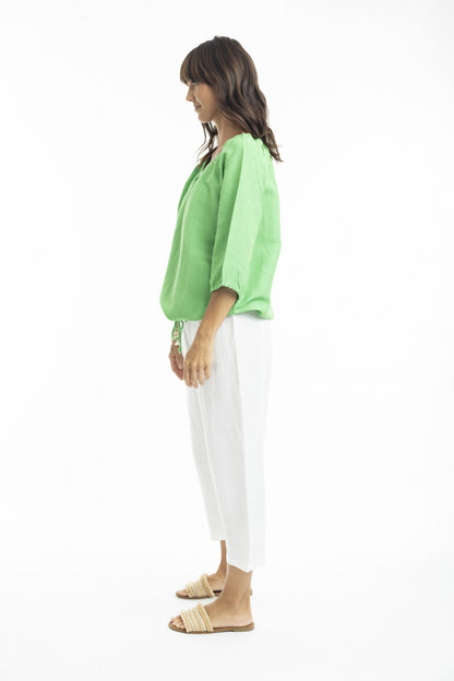 Linen 3/4 Sleeve Top with Gather Neckline in Parrot