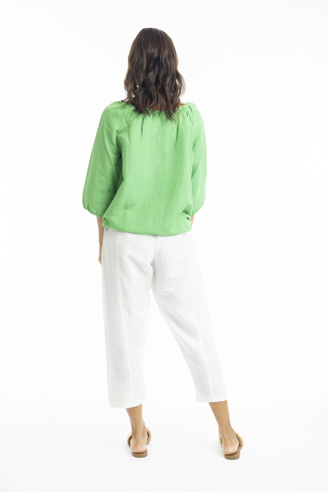 Linen 3/4 Sleeve Top with Gather Neckline in Parrot