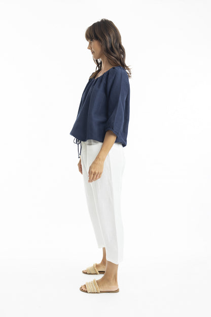 Linen 3/4 Sleeve Top with Gather Neckline in Navy