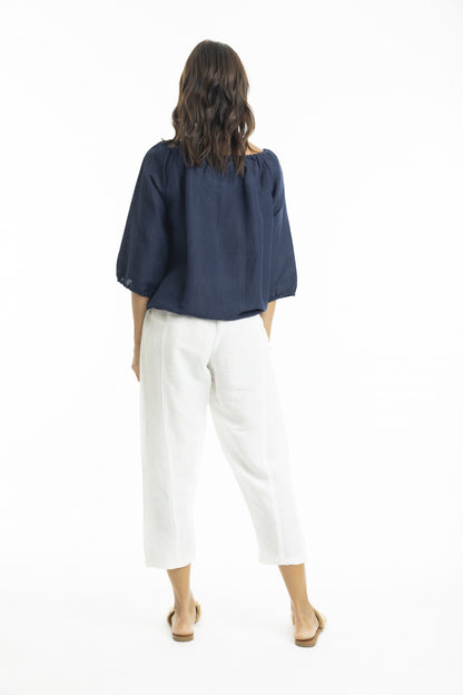 Linen 3/4 Sleeve Top with Gather Neckline in Navy