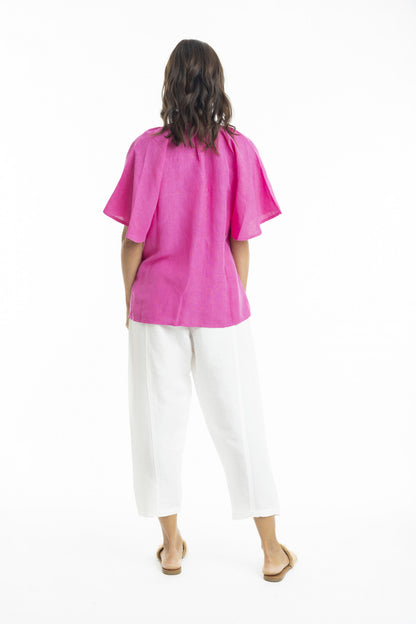 Linen Chinese Collar Top with Wide Sleeve in Pink