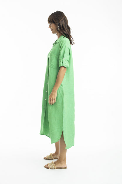 Linen Midi Collar Shirt Dress in Parrot