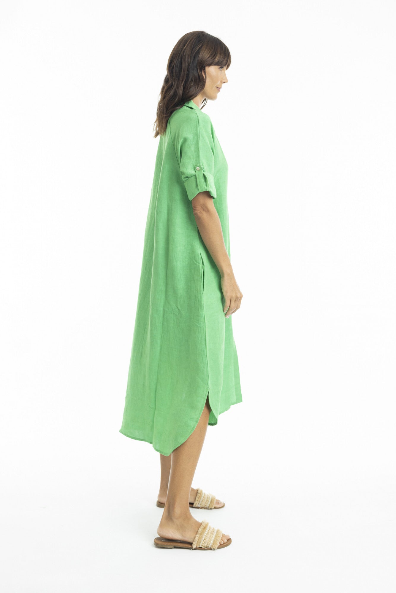 Linen Midi Collar Shirt Dress in Parrot