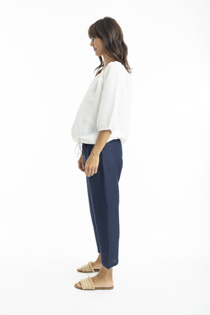 Linen 3/4 Sleeve Top with Gather Neckline in White