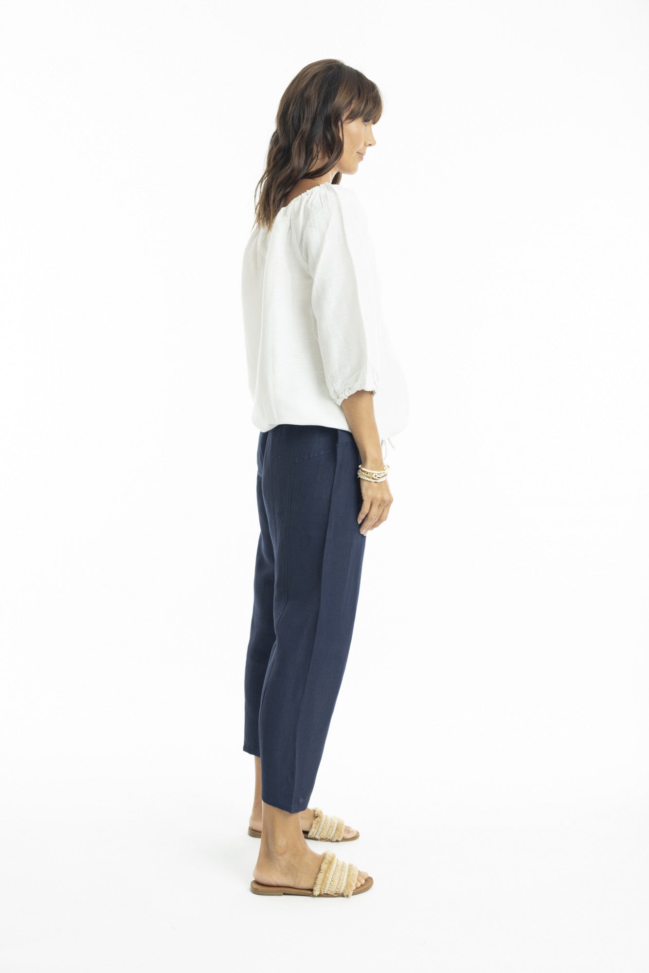 Linen 3/4 Sleeve Top with Gather Neckline in White