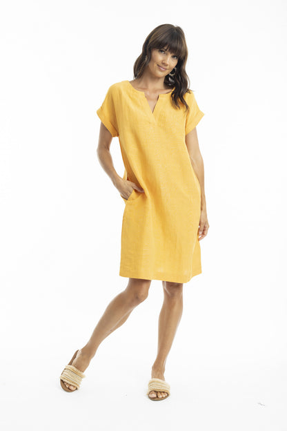 Linen Cap Sleeve Shift Dress in Mango