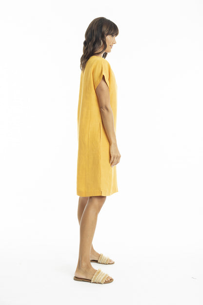 Linen Cap Sleeve Shift Dress in Mango
