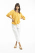 Linen 3/4 Sleeve Top with Gather Neckline in Mango