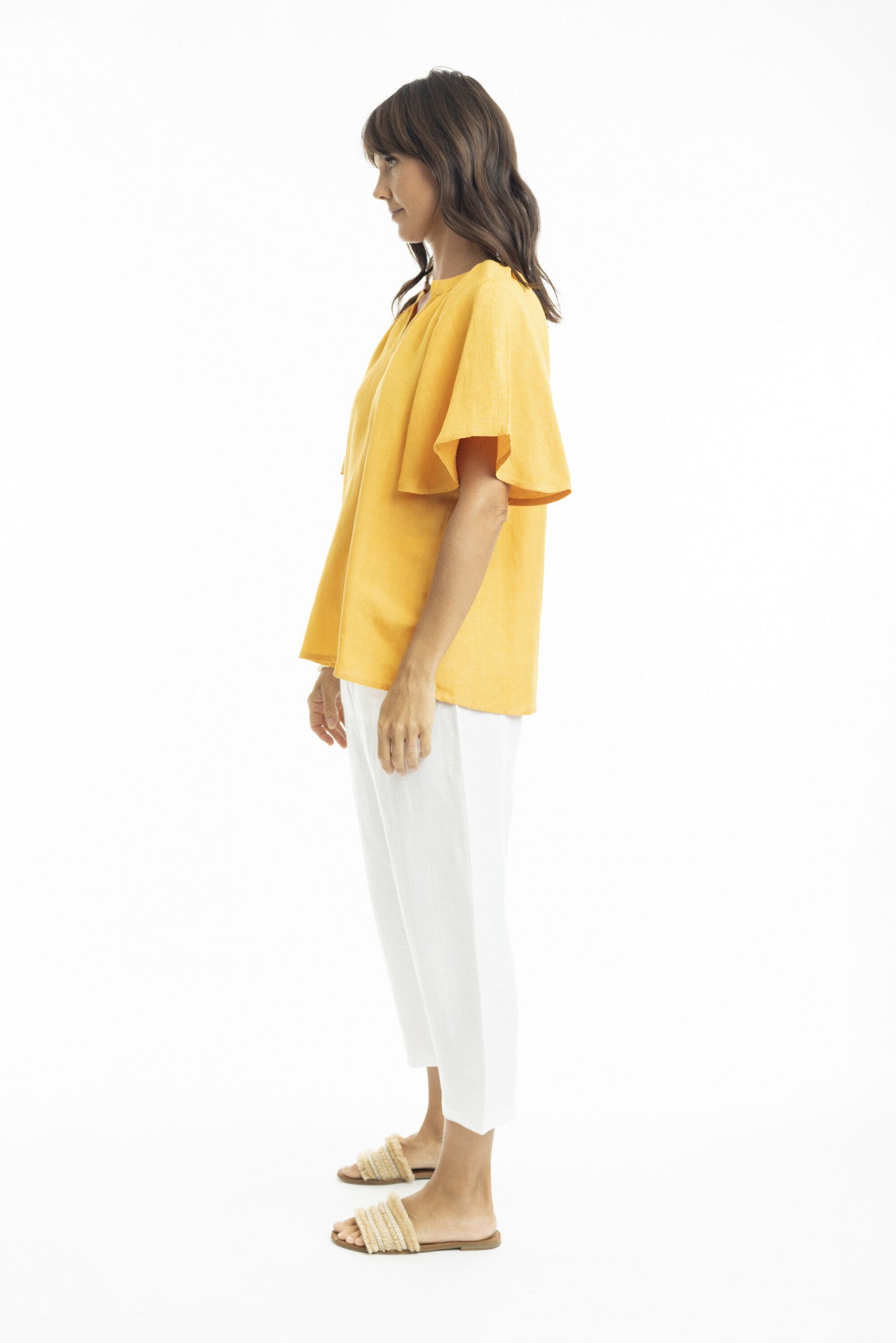 Linen Chinese Collar Top with Wide Sleeve in Mango