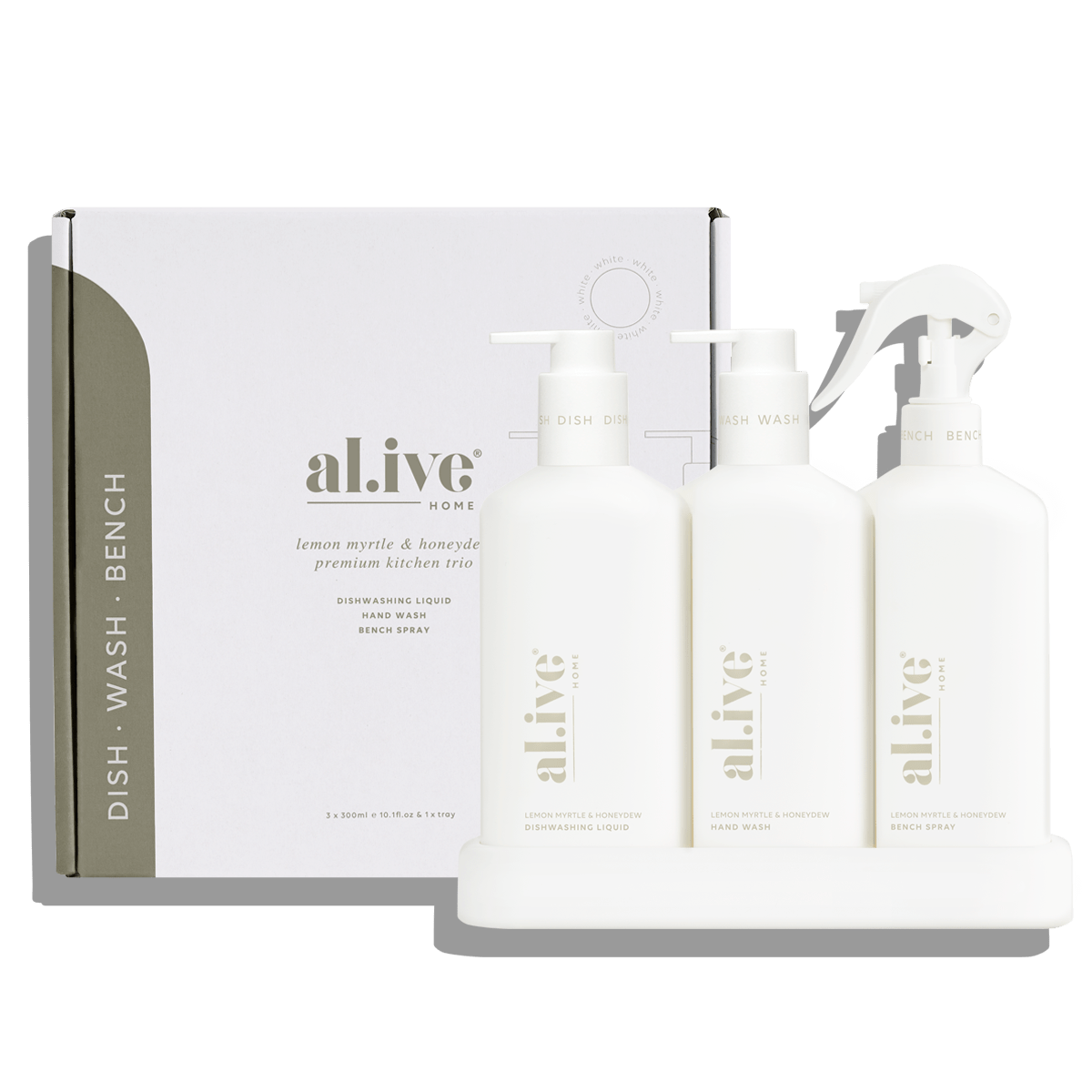 al.ive Lemon Myrtle & Honeydew Kitchen Trio Dishwashing Liquid, Hand Wash & Bench Spray Trio