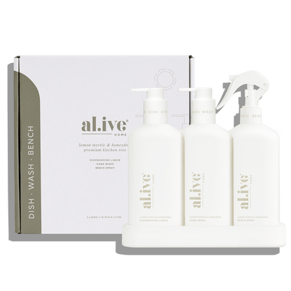 al.ive Lemon Myrtle & Honeydew Kitchen Trio Dishwashing Liquid, Hand Wash & Bench Spray Trio