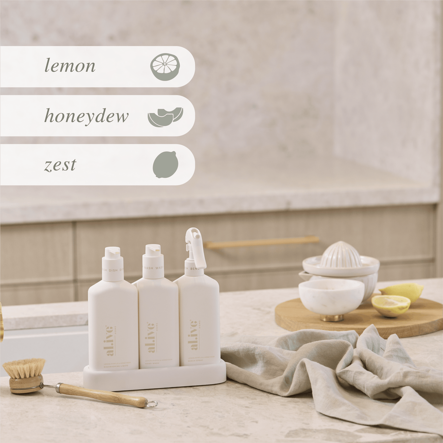 al.ive Lemon Myrtle & Honeydew Kitchen Trio Dishwashing Liquid, Hand Wash & Bench Spray Trio
