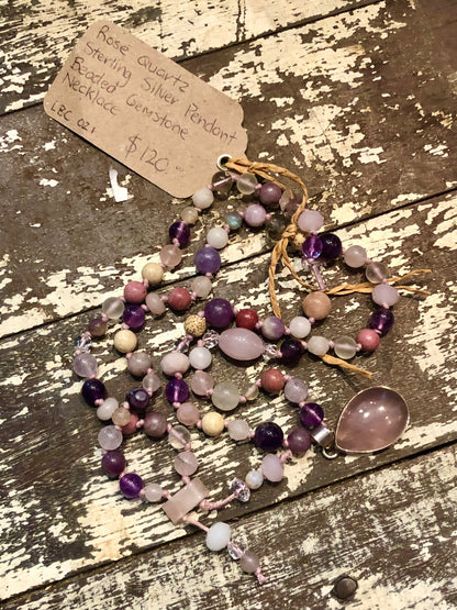 Lotus Blossom Creations - Rose Quartz Sterling Silver Teardrop Pendant Beaded Gemstone Necklace