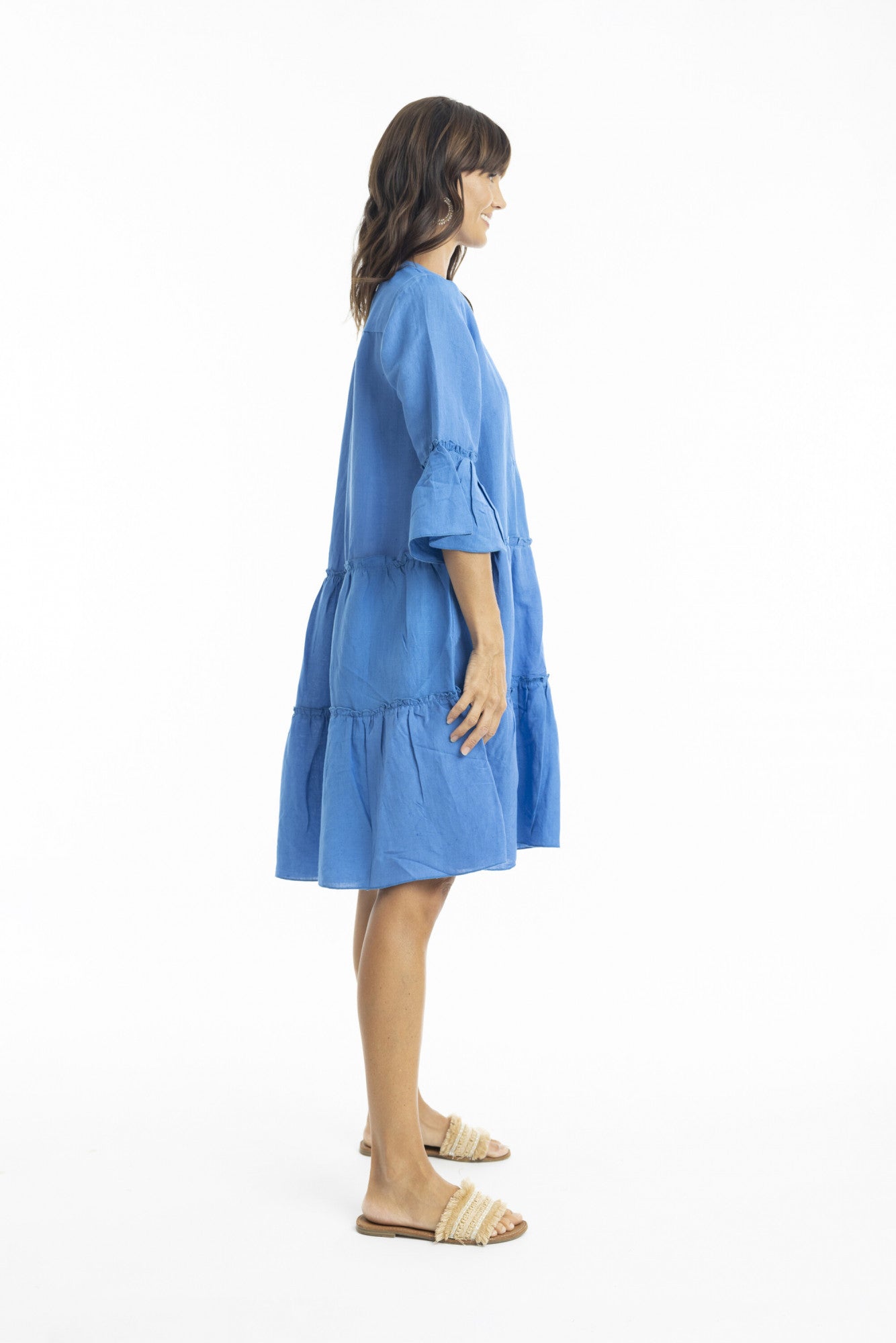 Linen 3/4 Sleeve Layered Dress Blue