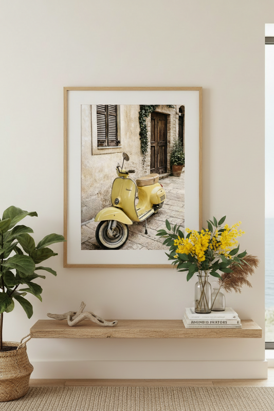 Lemon Scooter Art Print Natural Box Frame