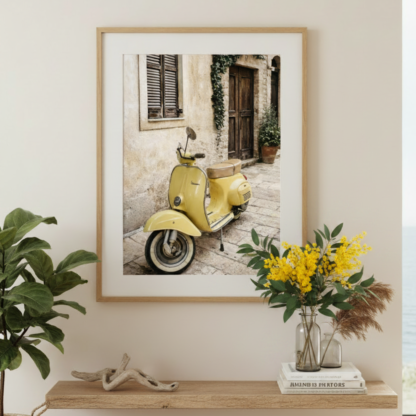 Lemon Scooter Art Print Natural Box Frame