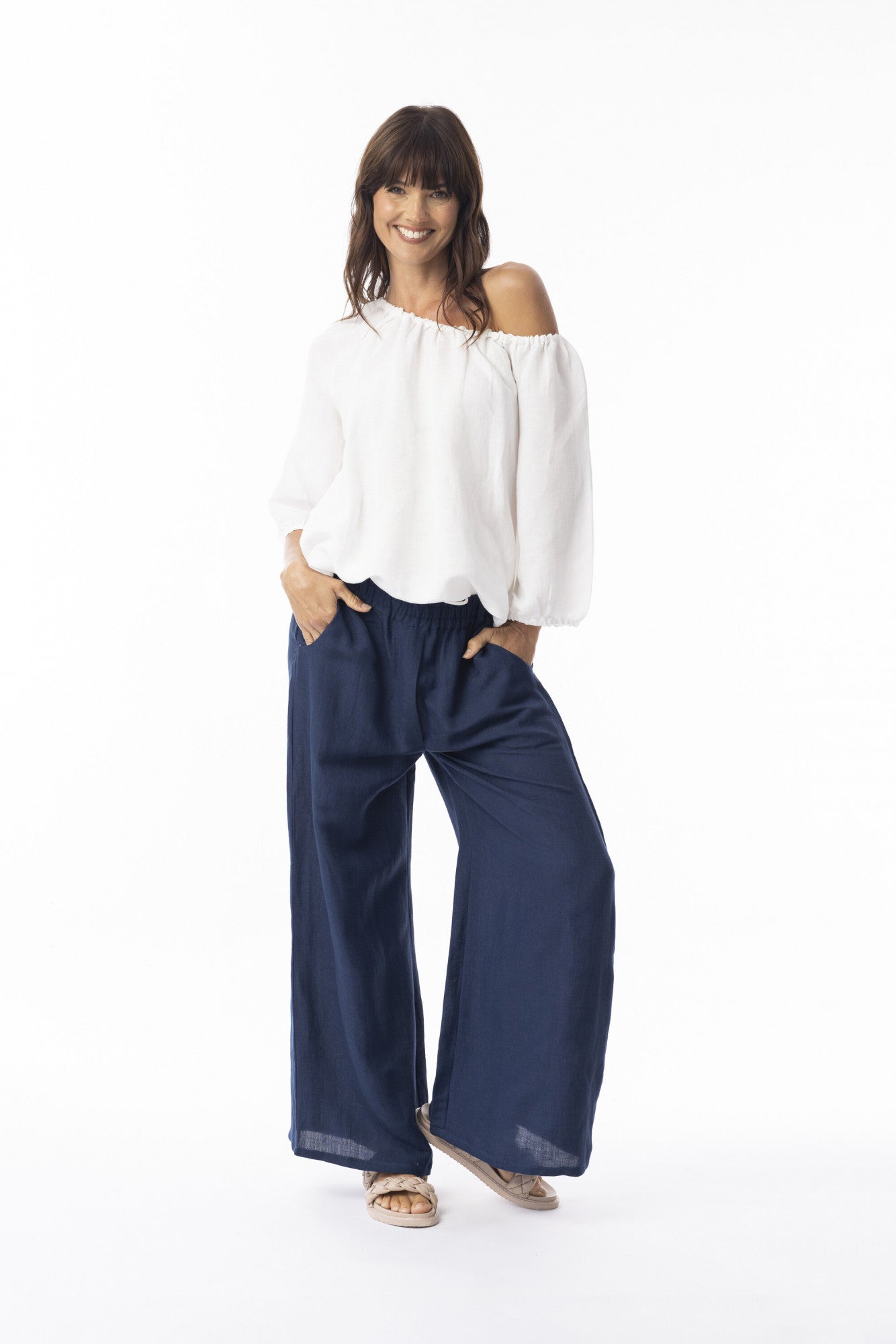 Linen Solid Pant Wide Leg in Navy