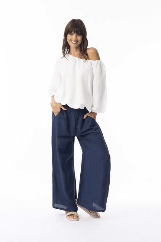Linen Solid Pant Wide Leg in Navy