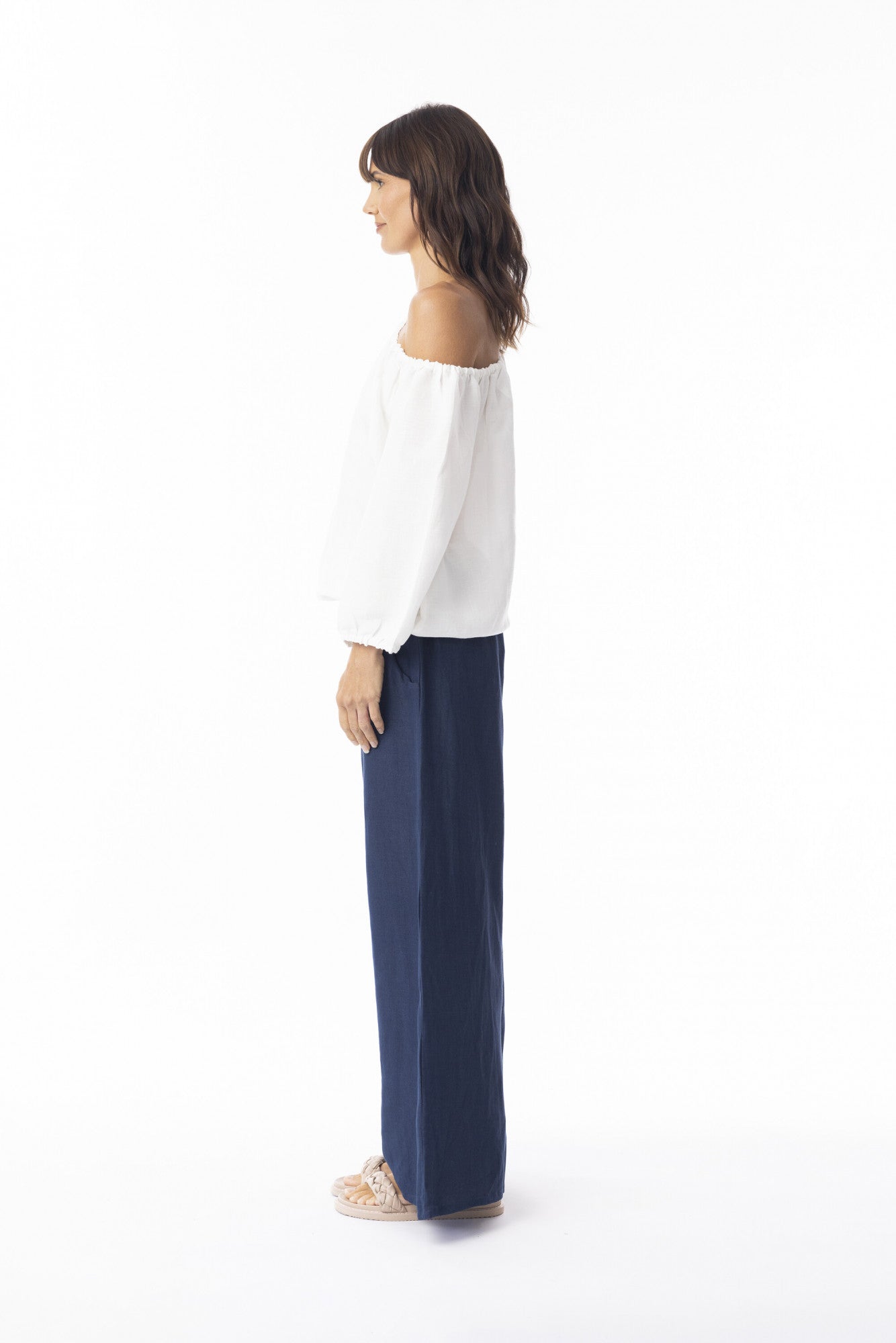 Linen Solid Pant Wide Leg in Navy