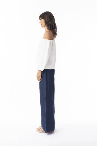 Linen Solid Pant Wide Leg in Navy