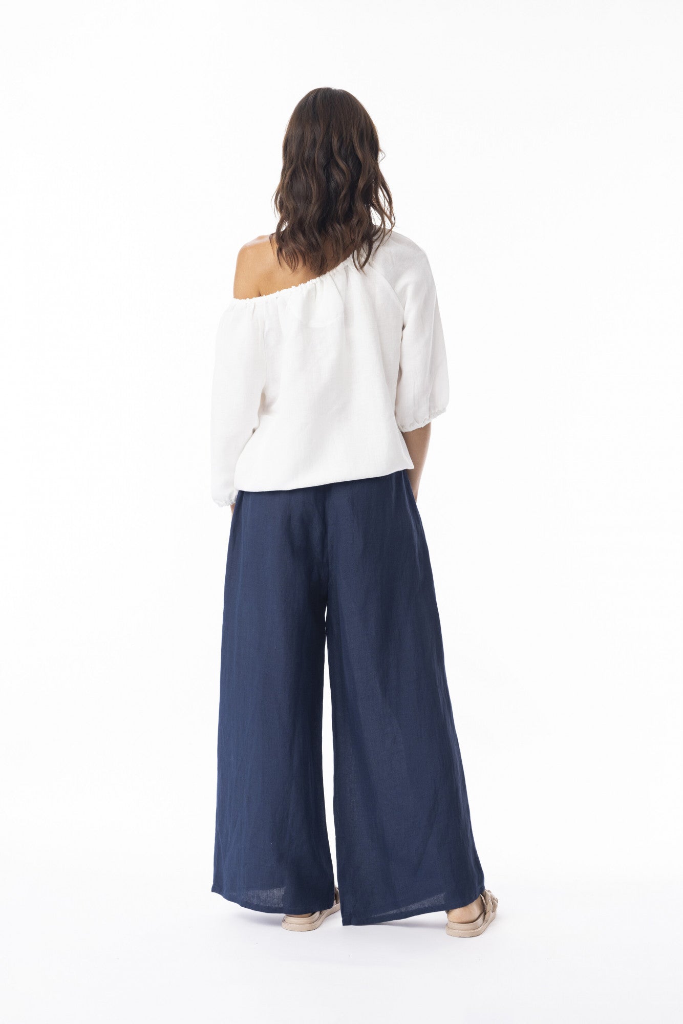 Linen Solid Pant Wide Leg in Navy