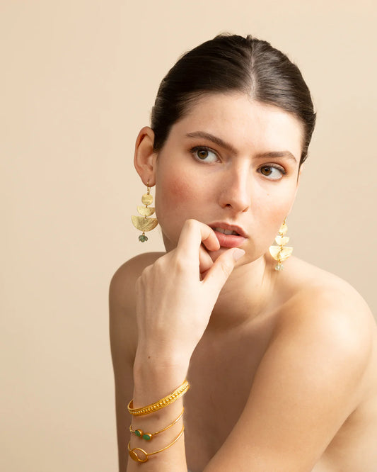 MW A308 Euro Gold Gemstone Fan Drop Earrings - Fleurite