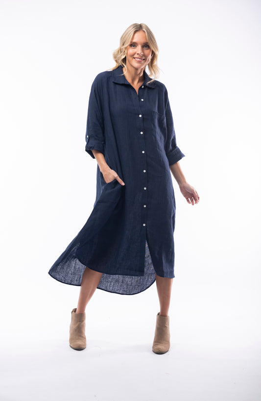 Pure Linen Dress Shirt Maxi - Navy